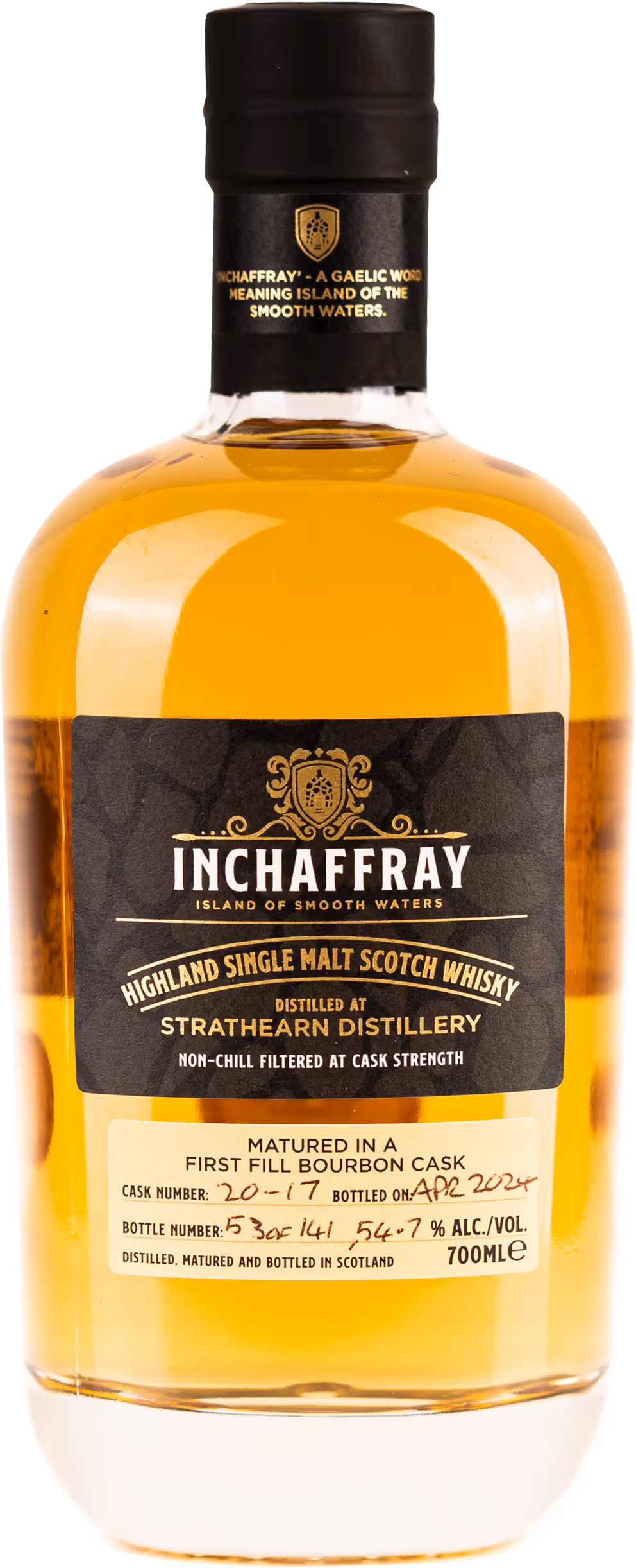 A bottle of Inchaffray Highland Single Malt Scotch Whisky,  A short squat bottle with bright golden liquid.  This bottle is from cask 20-17 and is individually numbered, bottle 53 of 141 with an ABV of 54.7%
