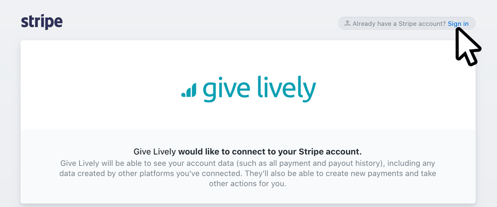 Visual showing how an admin can sign into an existing Stripe account