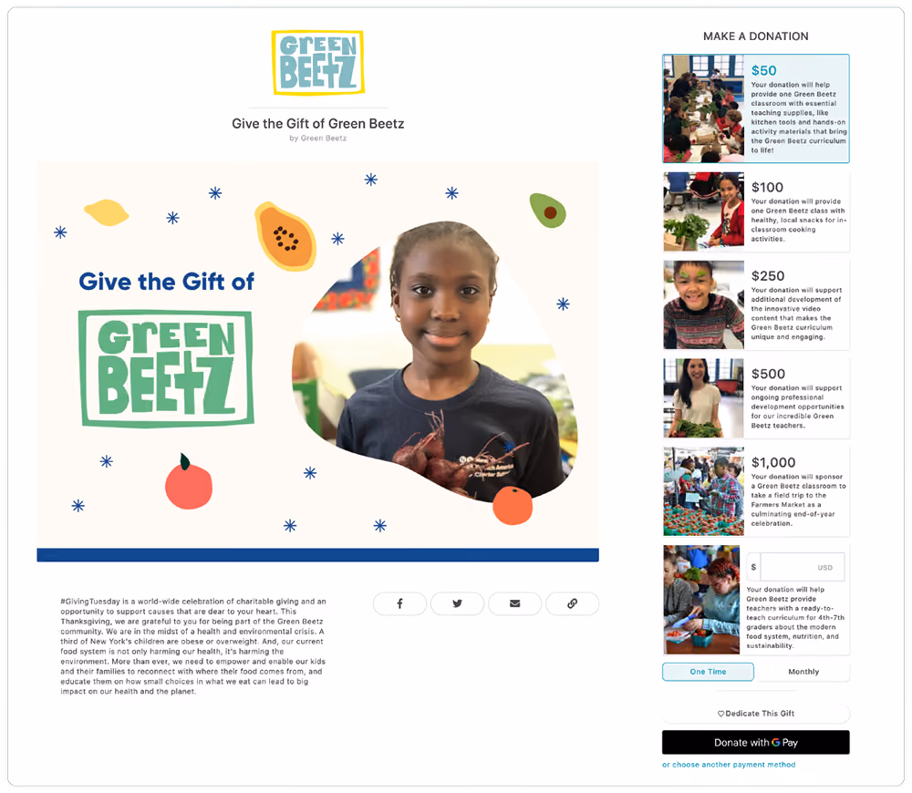 Green Beetz Campaign Page for Giving Tuesday using compelling image-accompanied “impact stories."