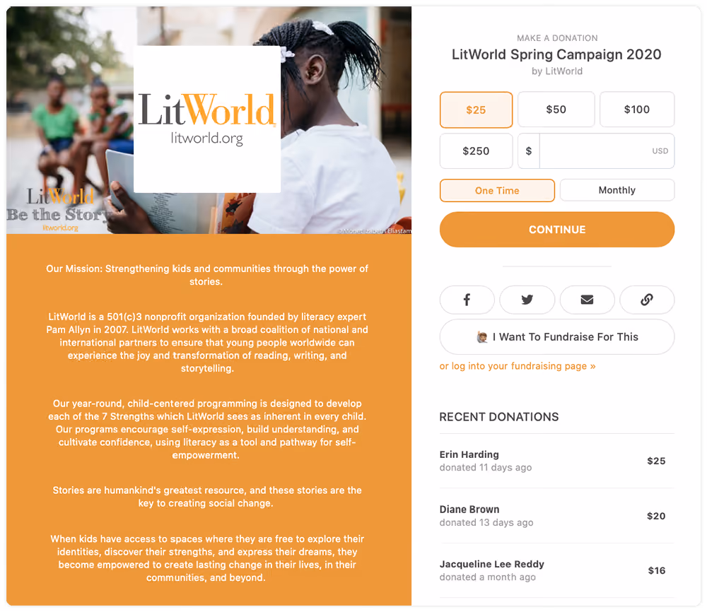LitWorld Campaign Page’s Default Template showcasing logo, mission statement and customized preset donation amounts. This Spring Campaign 2020 has raised $40,000+.