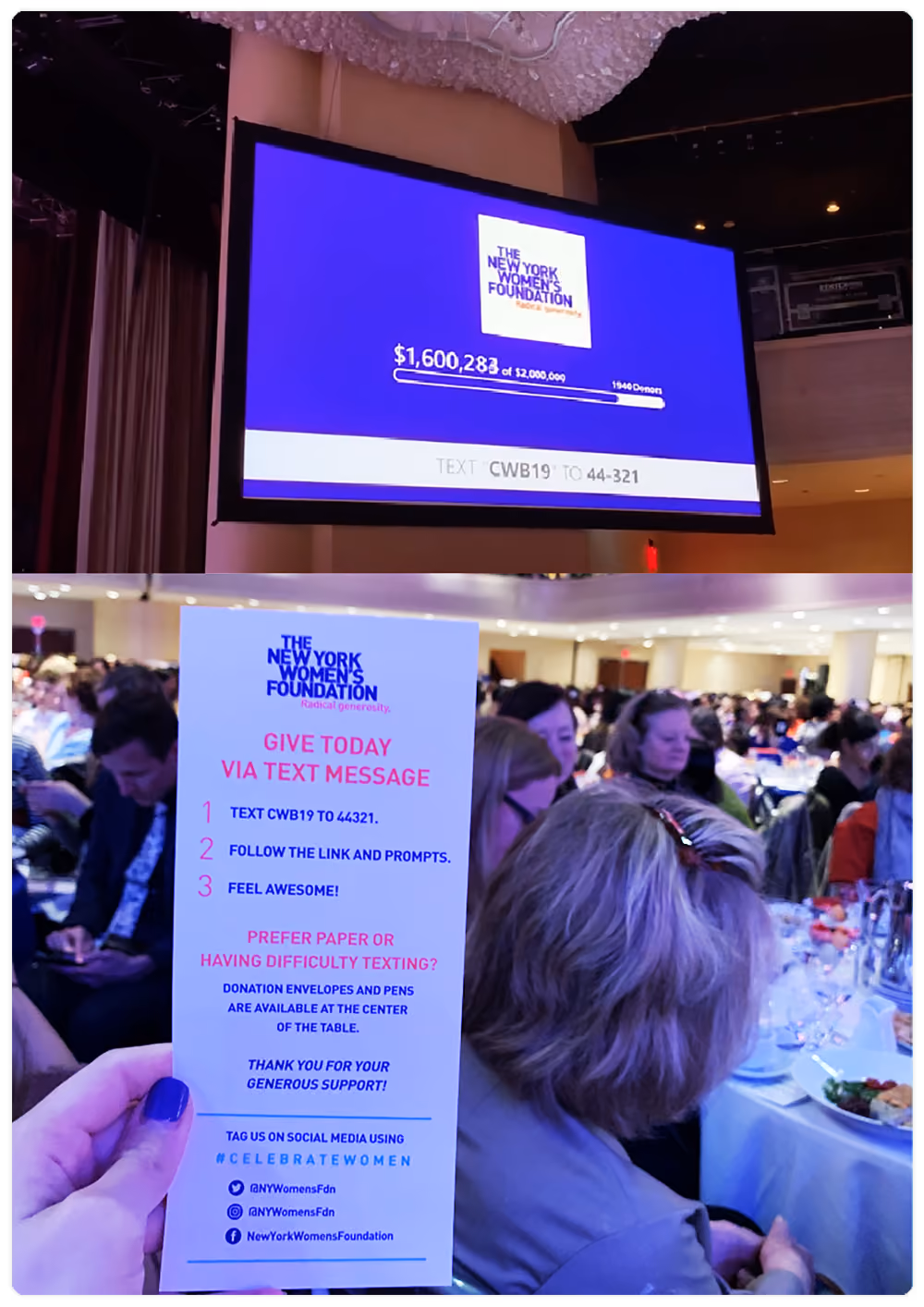 The New York Women’s Foundation Text-to-Donate and Live Display in action during their Annual "Celebrating Women Breakfast", where printed materials and our Live Display encourage donations.