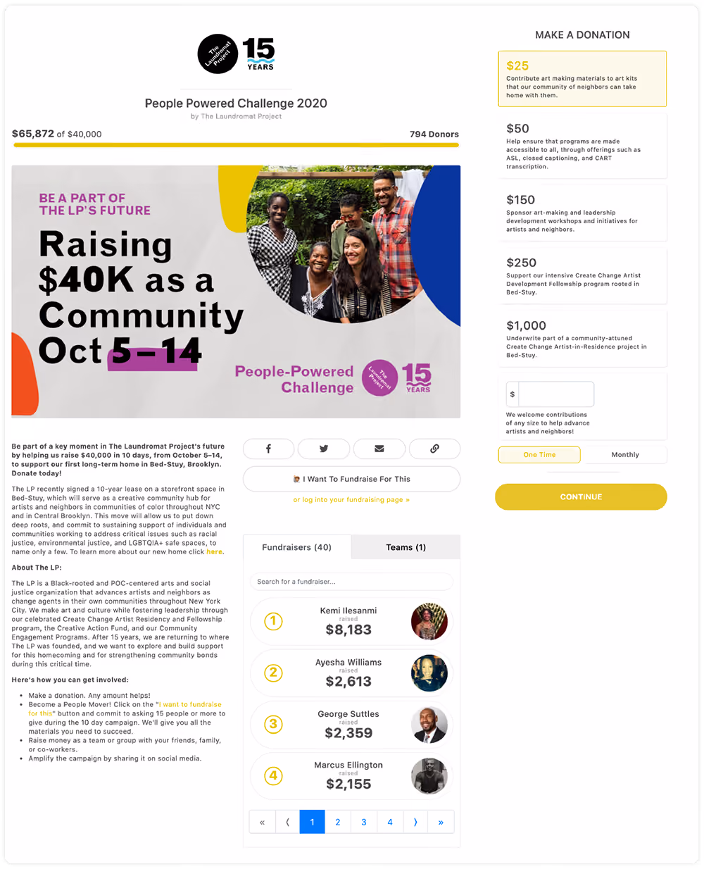 The Laundromat Project "People-Powered Challenge" Page including 40 individual fundraisers each with a Peer-to-Peer Fundraising page