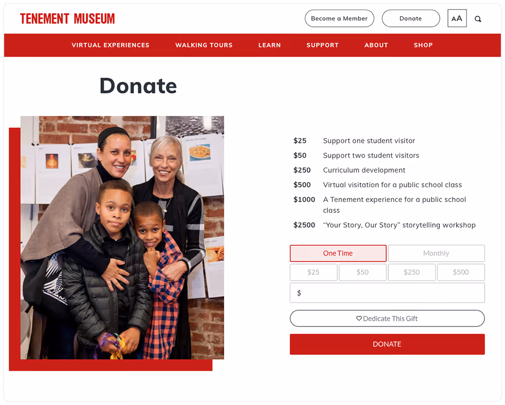The Tenement Museum website displaying Give Lively's Simple Donation Widget