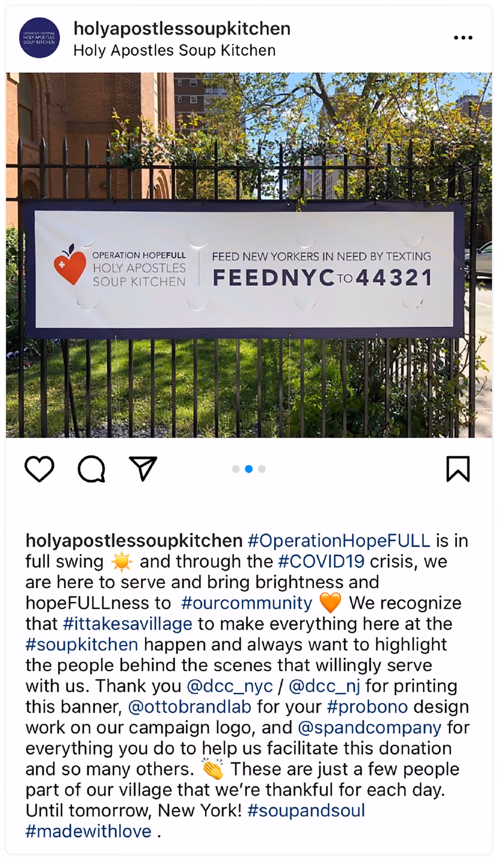 Holy Apostles Soup Kitchen Instagram post of an outdoor sign that reads "Feed New Yorkers in need by texting 'FEEDNYC' to 44321"