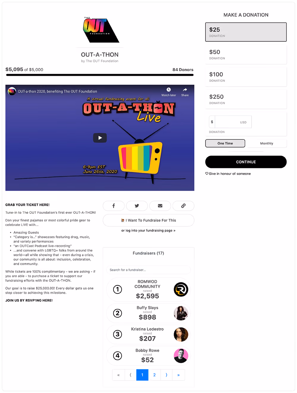 The OUT Foundation Campaign Page including a live-streamed event with a prominent page-top video