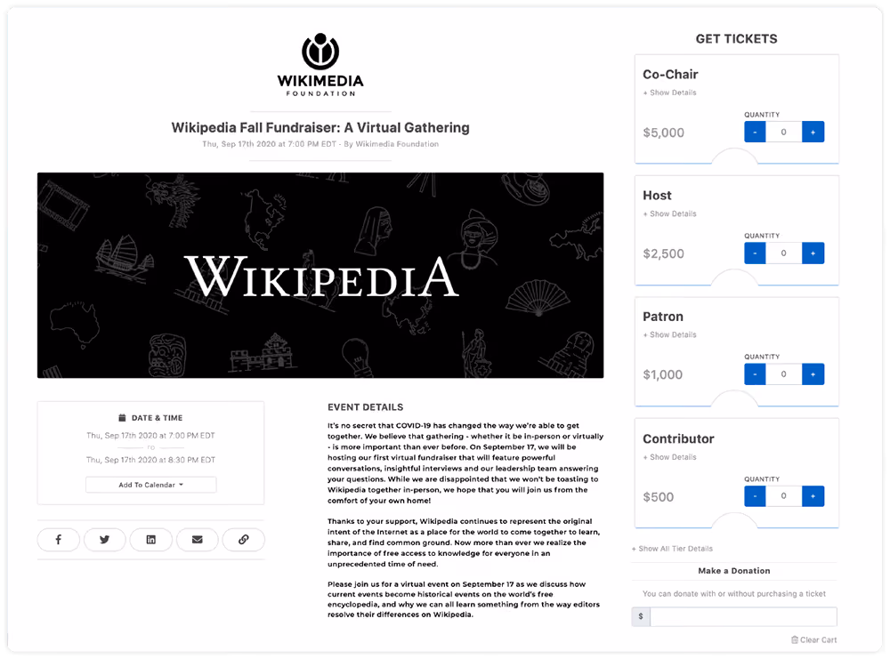 Wikimedia Foundation Event Ticketing page "Fall Fundraising: a virtual gathering"