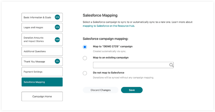 A screenshot of what Admins see in the Nonprofit Admin Portal when re-mapping an existing campaign in the Nonprofit Admin Portal. 