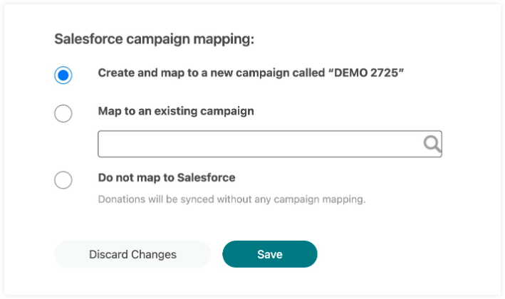 Screenshot of what Admins see when configuring Salesforce mapping in the Nonprofit Admin Portal.