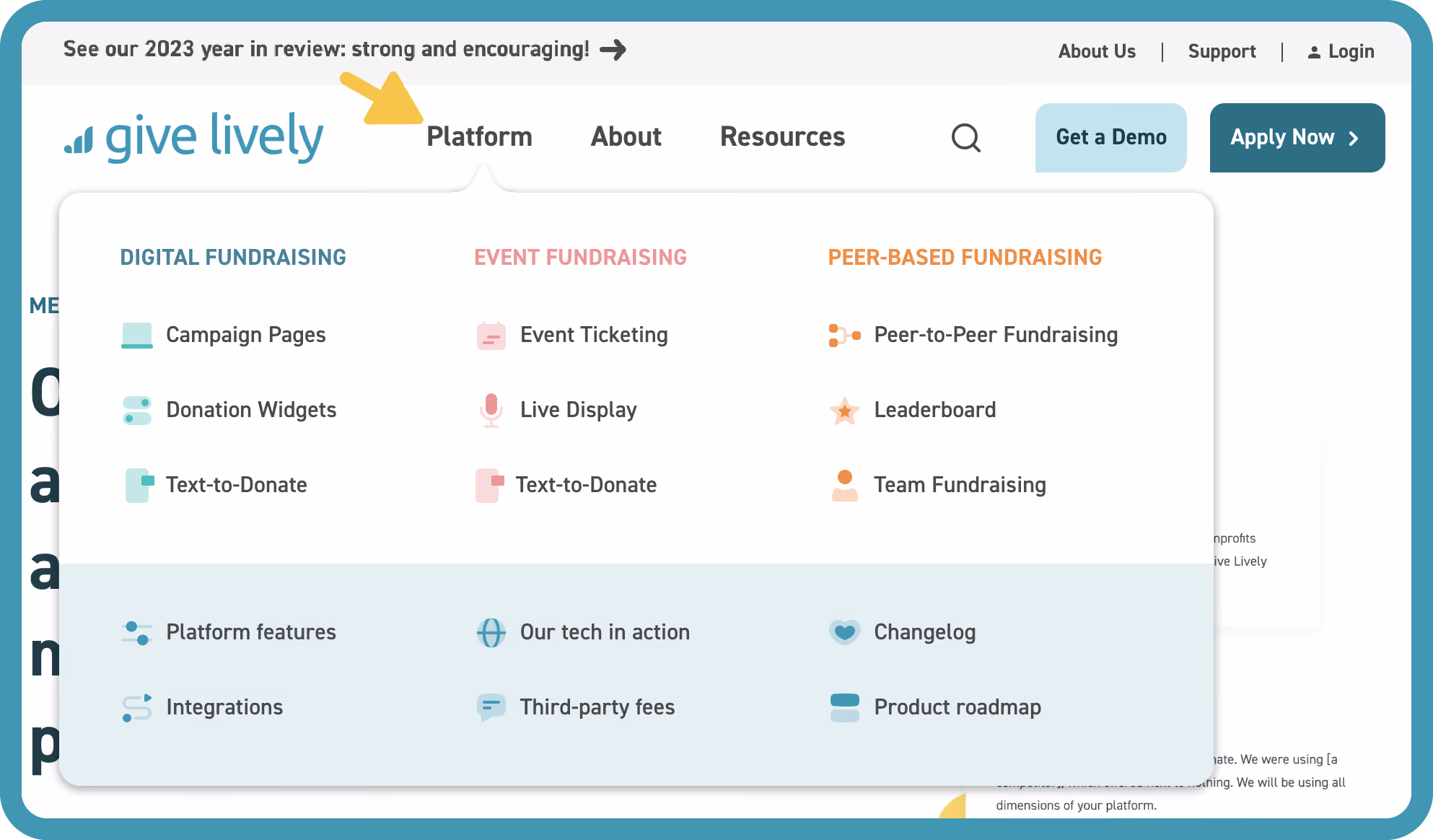 Screenshot of the Give Lively website showing the "Platform" dropdown menu.