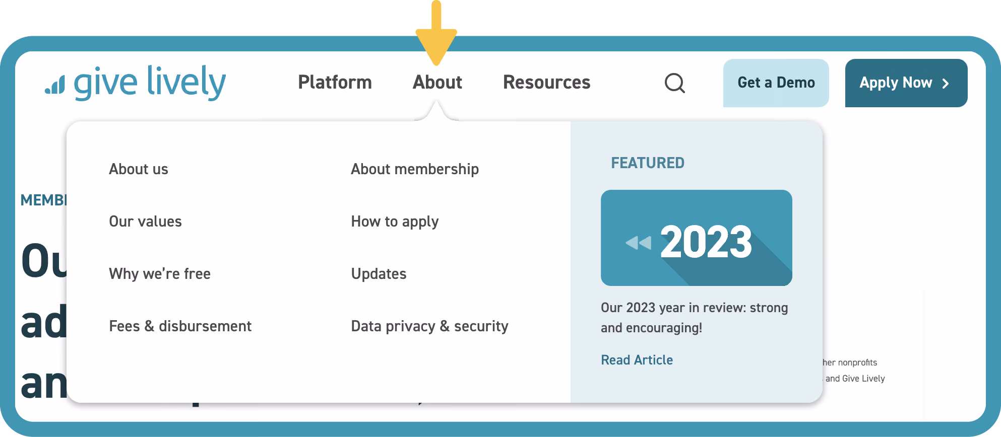 Screenshot of the Give Lively website showing the "About" dropdown menu.