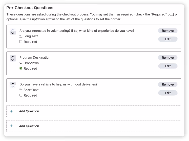 A screenshot of the "Pre-Checkout Questions" section in the Nonprofit Admin Portal.