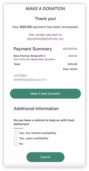 A screenshot of a sample "Thank-you" page of the donation payment form, showing the "Additional Information" section for post-checkout questions.