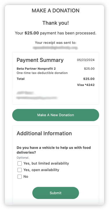 A screenshot of a sample "Thank-you" page of the donation payment form, showing the "Additional Information" section for post-checkout questions.