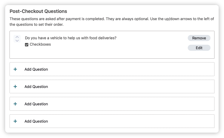 A screenshot of the "Post-Checkout Questions" section in the Nonprofit Admin Portal.