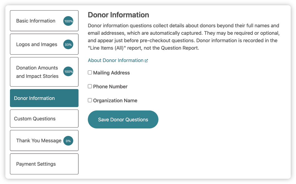 A screenshot of the information shown after clicking on the "Donor Information" tab on a fundraising campaign in the Nonprofit Admin Portal.