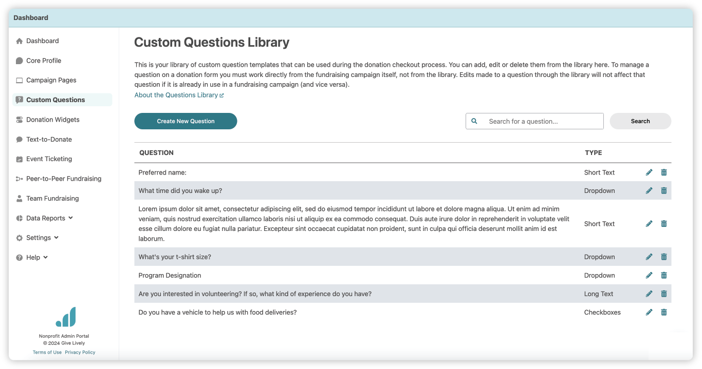 A screenshot of the "Custom Questions Library" page in the Nonprofit Admin Portal.