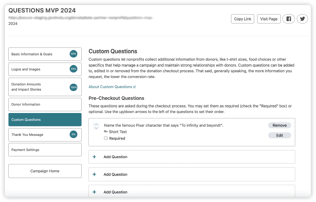 A screenshot of the information shown after clicking on the "Custom Questions" tab on a fundraising campaign in the Nonprofit Admin Portal.