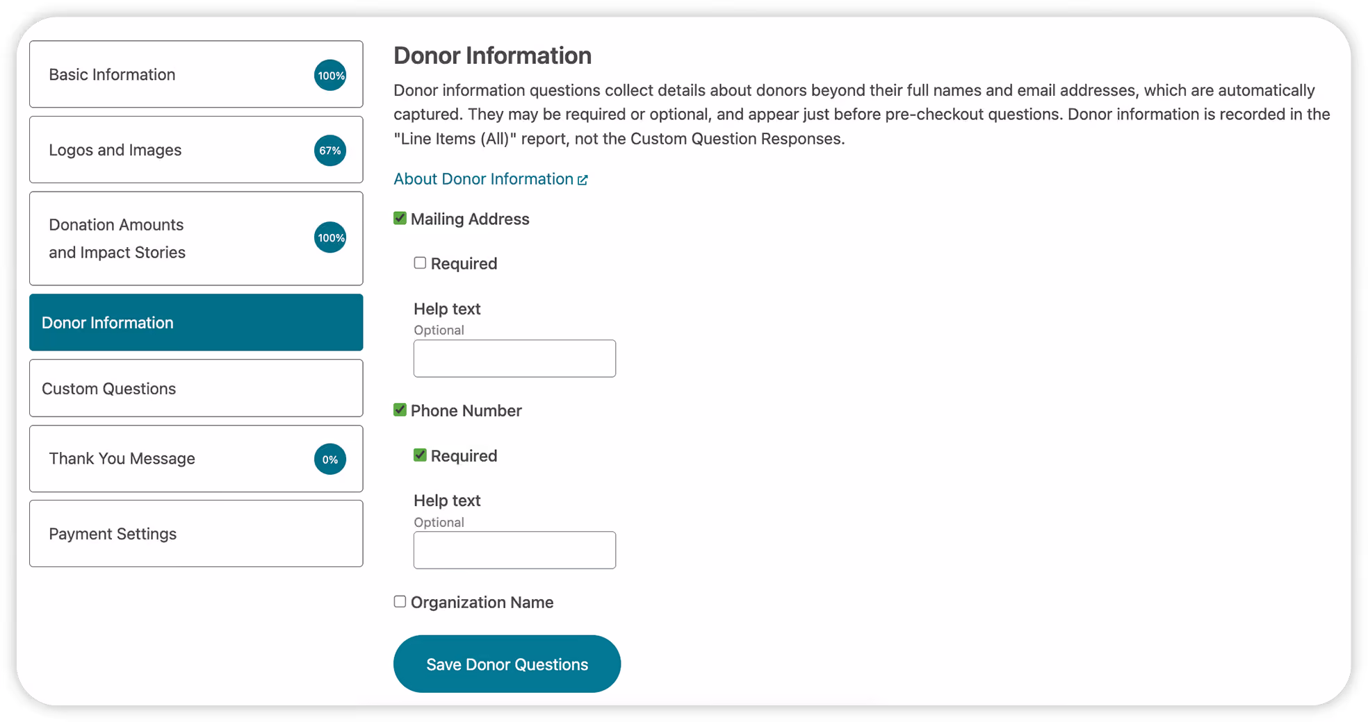 A screenshot of the "Donor Information" section showing the "Required" and "Help text" fields.