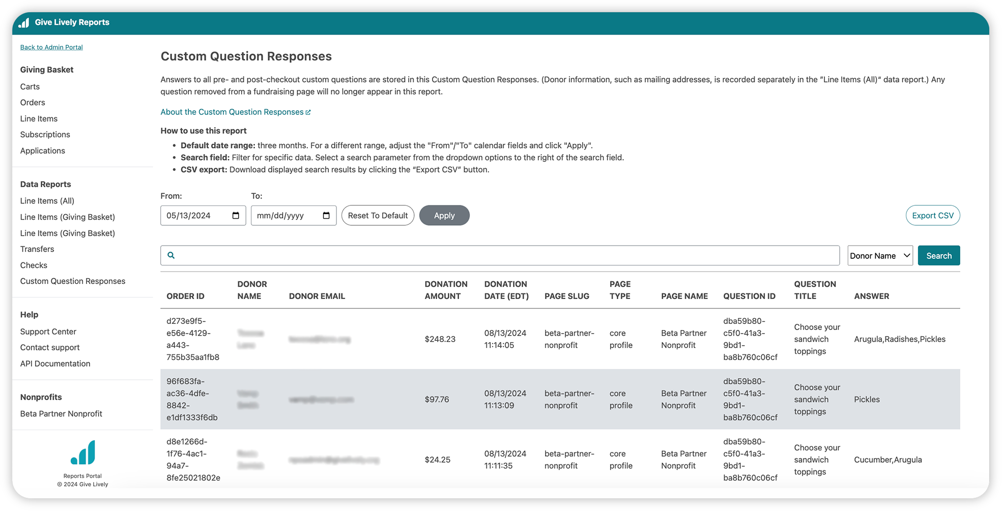 A screenshot of the "Custom Question Responses" page in the Reports Portal.