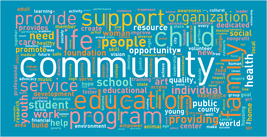 Word cloud built of nonprofit mission statements.