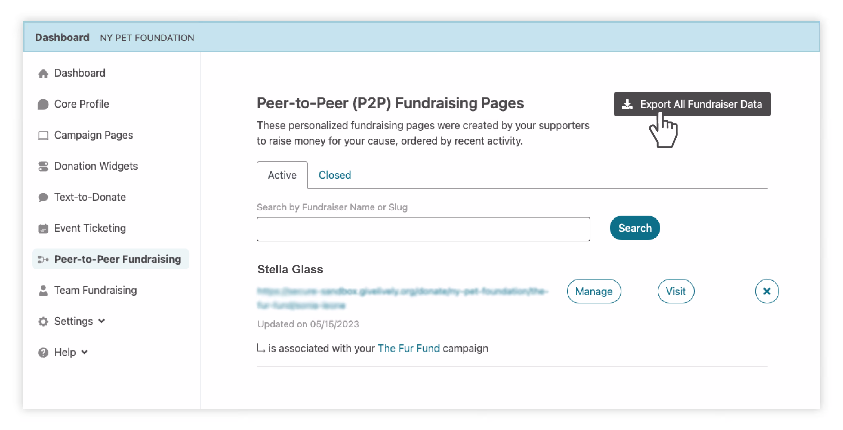 Screenshot showing what nonprofit admins see in the Nonprofit Admin Portal when exporting all fundraiser data