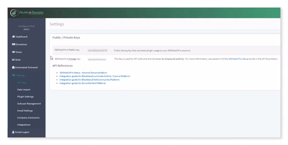 A screenshot of the view in 360MatchPro portal when the admin looks up the Public and Private Keys during the integration process.