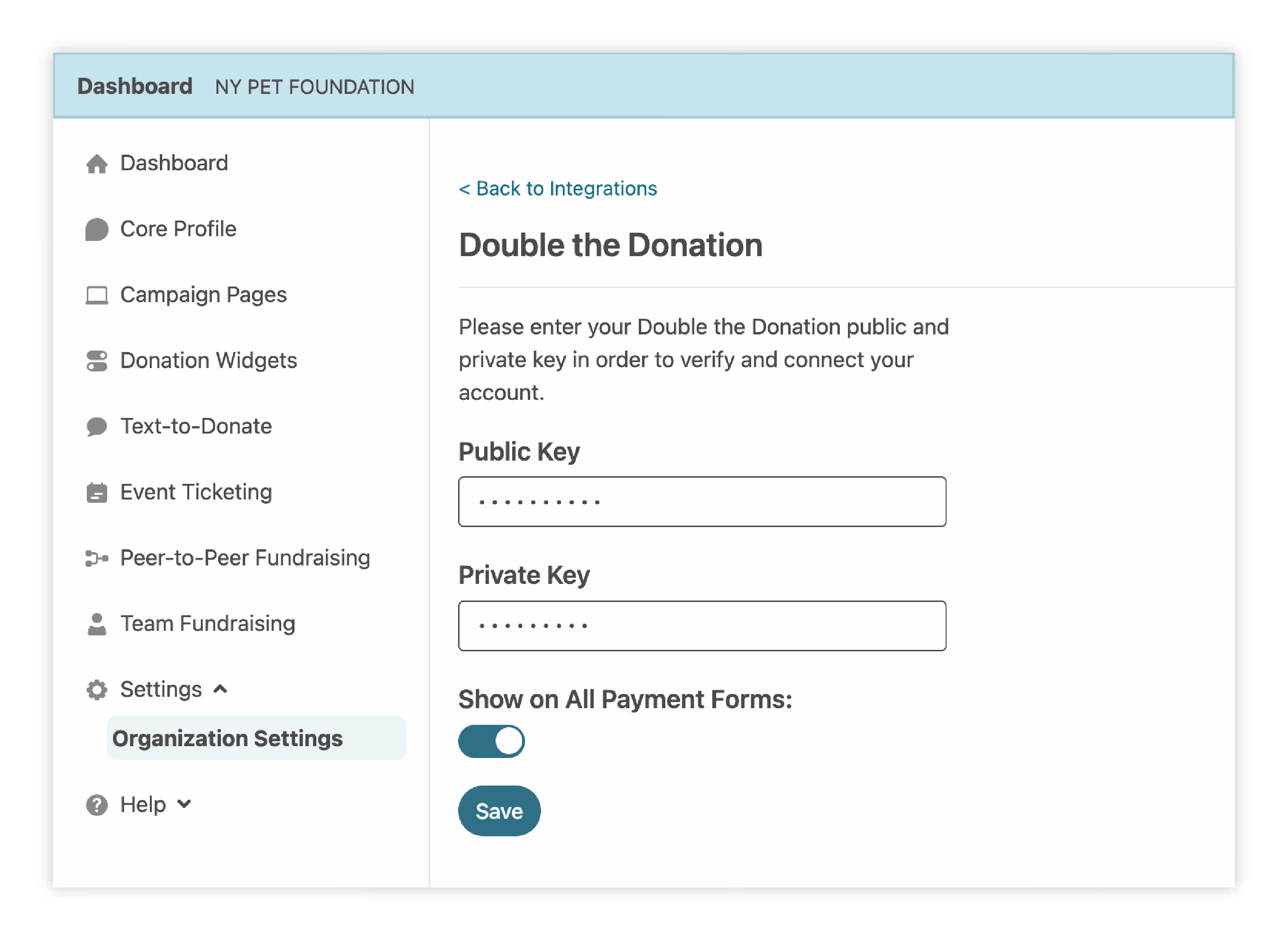A screenshot of the view in the Nonprofit Admin Portal when the toggle is on for "Show on All Payment Forms" in the Double the Donation Integration page. 