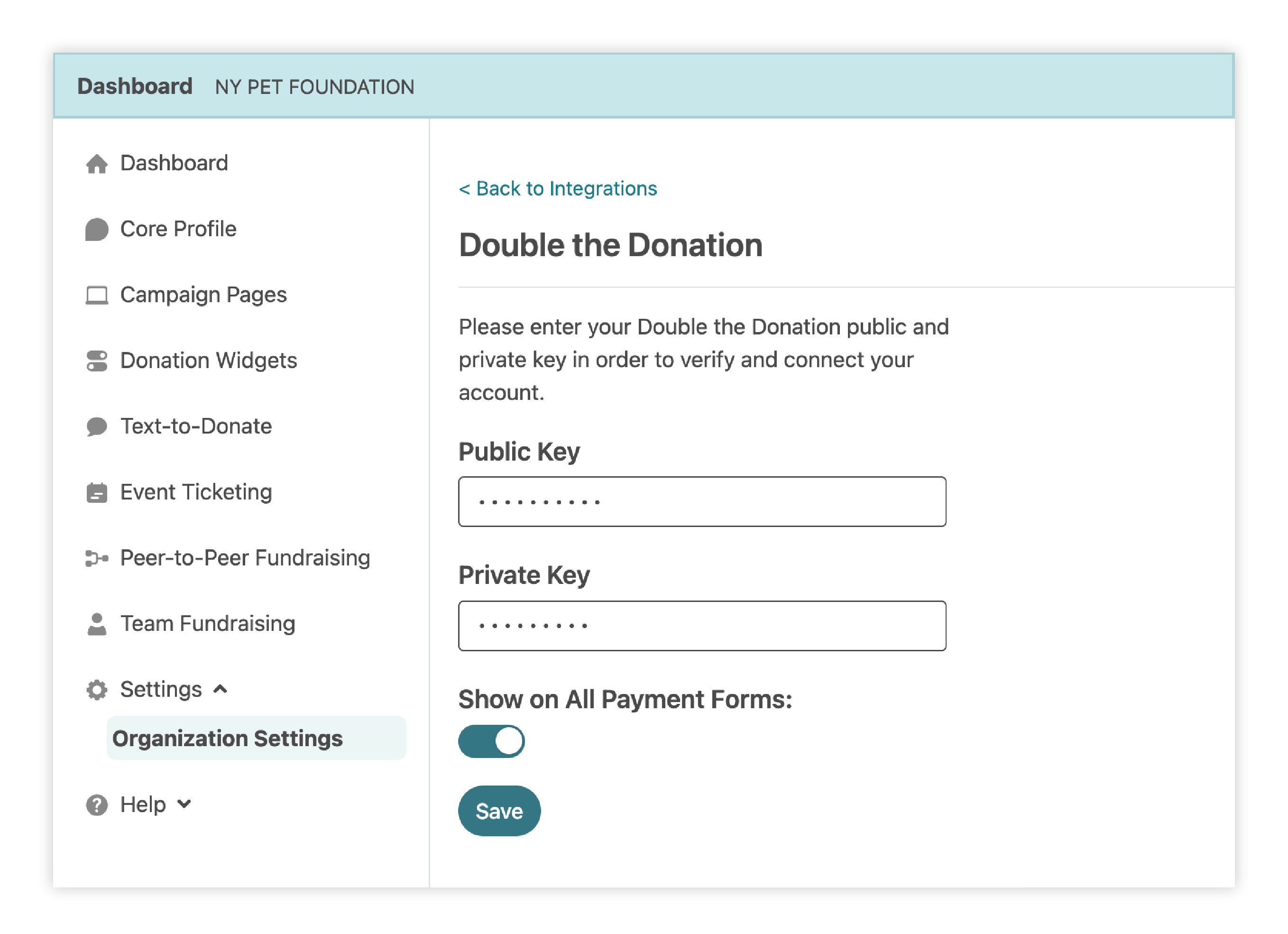 A screenshot of the view in the Nonprofit Admin Portal when the toggle is on for "Show on All Payment Forms" in the Double the Donation Integration page. 