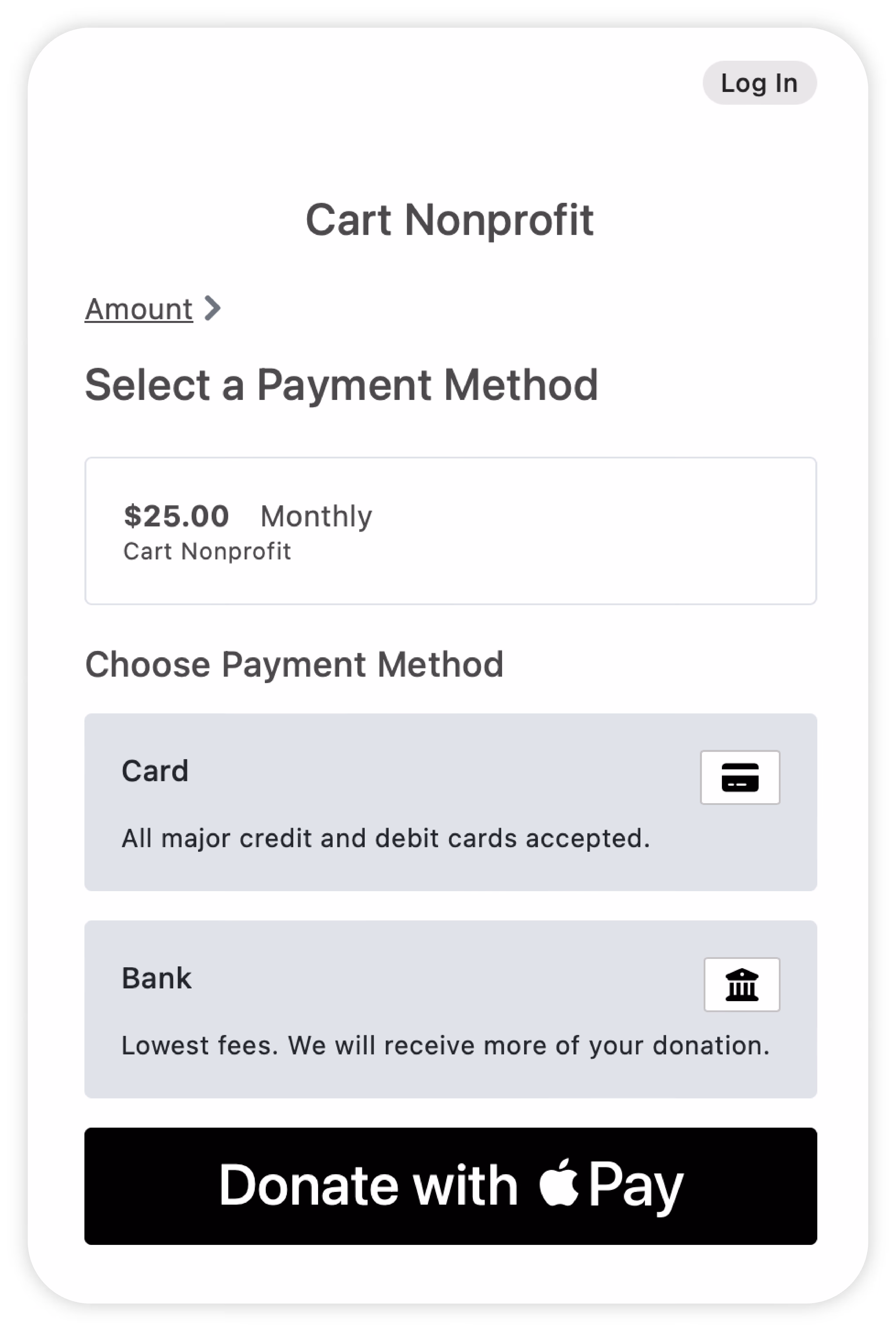 Screenshot of the "Select a Payment Method" step of the checkout process