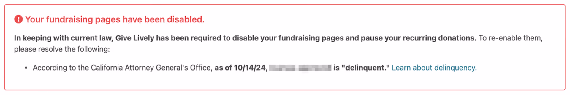 Screenshot of a warning in the Nonprofit Admin Portal advising that "Your fundraising page has been disabled" due to delinquency.