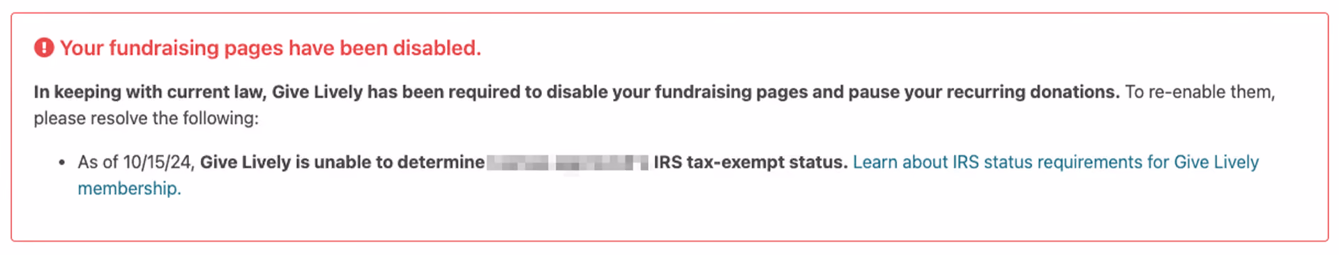 Screenshot of a warning in the Nonprofit Admin Portal advising that "Your fundraising page has been disabled" due to due to indeterminate IRS tax-exempt status.