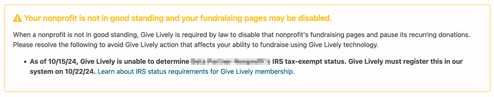 Screenshot of a warning in the Nonprofit Admin Portal advising that "Your nonprofit is not in good standing and your fundraising pages may be disabled" due to indeterminate IRS tax-exempt status.