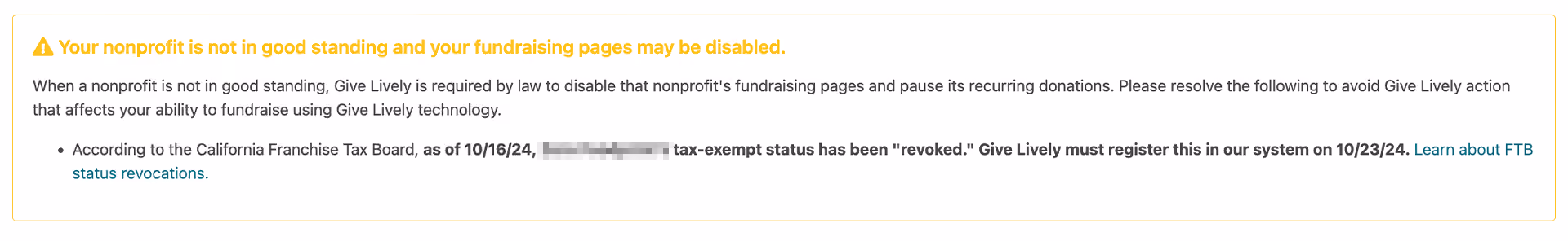 Screenshot of a warning in the Nonprofit Admin Portal advising that "Your nonprofit is not in good standing and your fundraising pages may be disabled" due to FTB revocation..