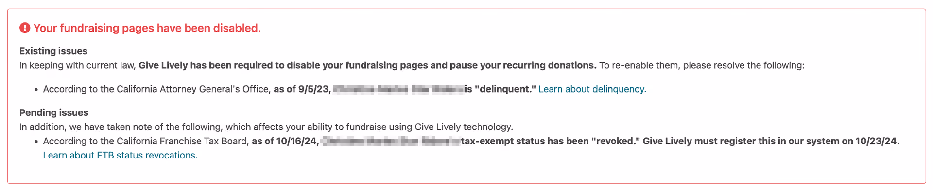 Screenshot of a warning in the Nonprofit Admin Portal advising that "Your fundraising page has been disabled" due to delinquency.