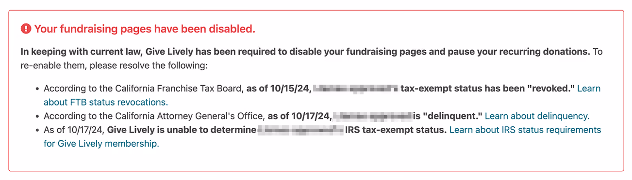 Screenshot of a warning in the Nonprofit Admin Portal advising that "Your fundraising page has been disabled" due to multiple issues.