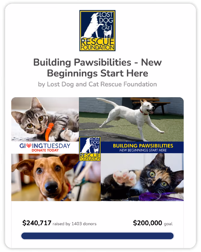 A screenshot of the "Building Pawsibilities - New Beginnings Start Here" Campaign Page. 