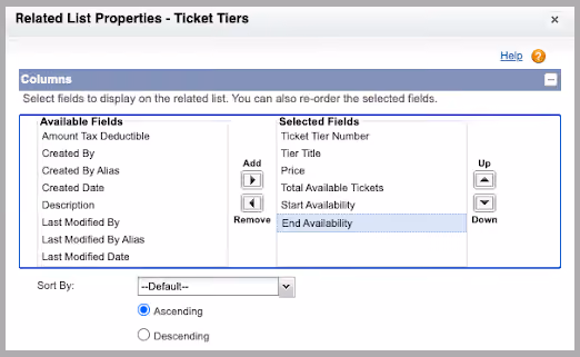 Screenshot with examples of Available Fields and Selected Fields in the menu