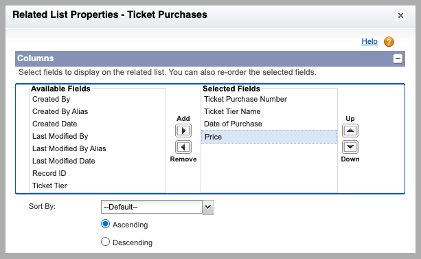 Screenshot of the Ticket Purchases Available Fields and Selected Fields