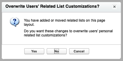 Screenshot of the "Overwrite Users' Related List Customizations" question