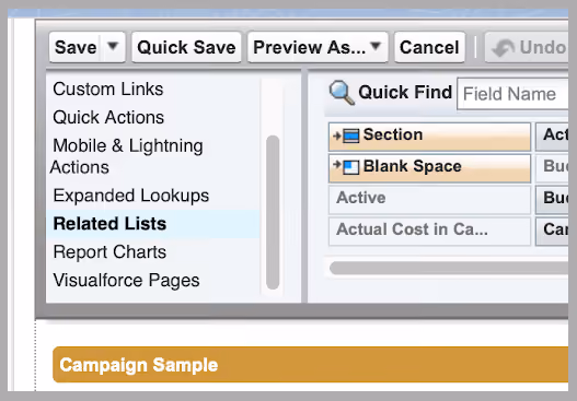 Screenshot of Related Lists in the menu