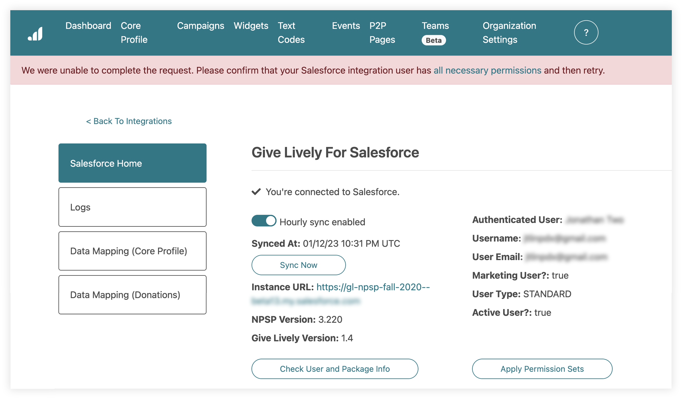 Screenshot of the warning that will be displayed if the Salesforce integration user lacks the necessary Salesforce permissions to refresh information or create/assign Give Lively custom permission sets