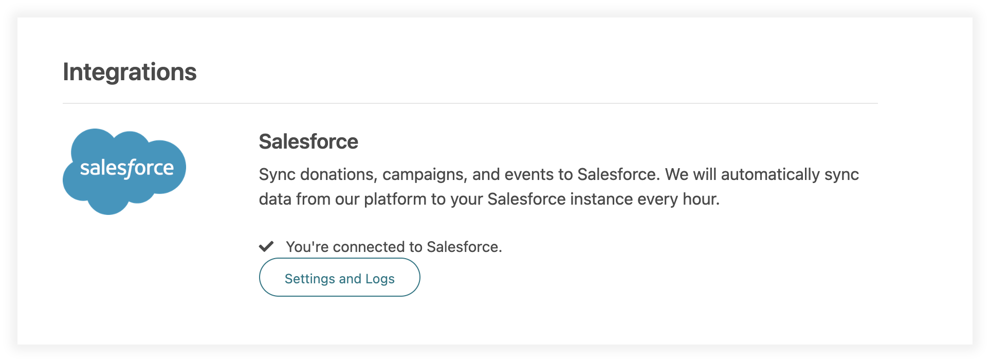 Screenshot of the Salesforce listing on the Integrations page of the Nonprofit Admin Portal