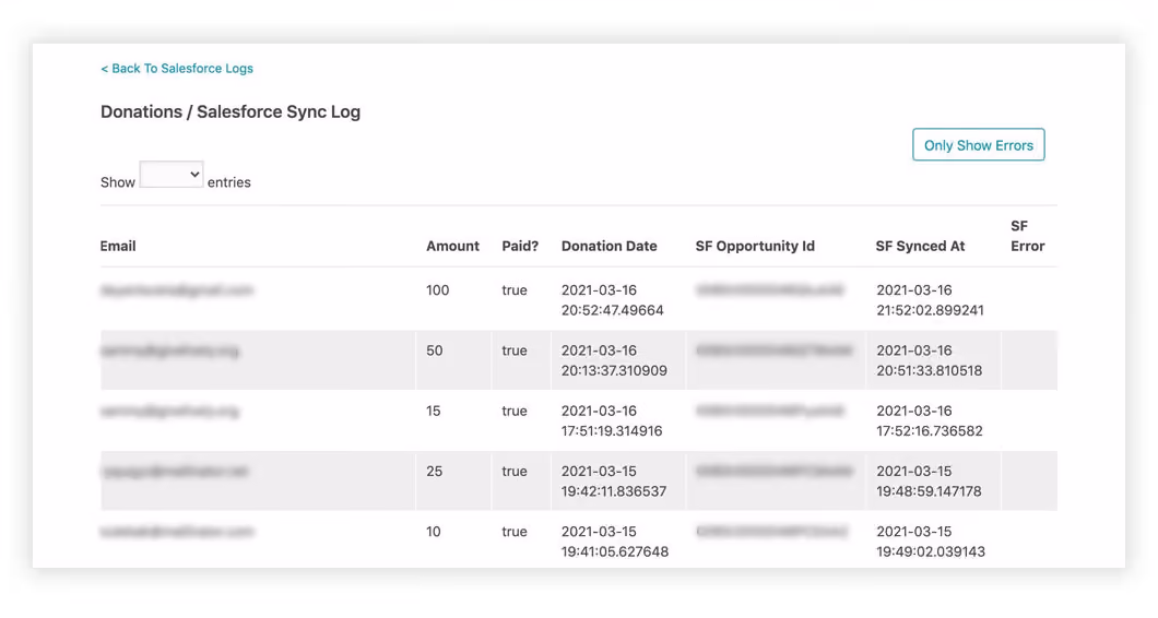 A screenshot of the "Donations / Salesforce Sync Log" view in the Salesforce Logs of the Nonprofit Admin Portal.
