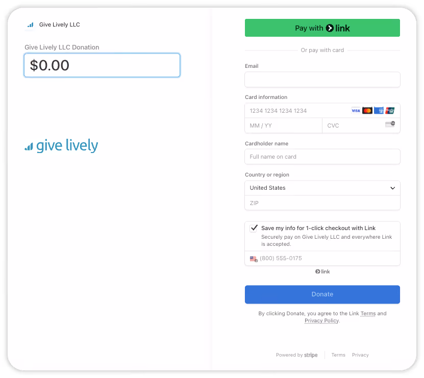 Stripe-based backup donation form with a simplified design, including fields for donor information, payment details and a submit button to complete the donation.