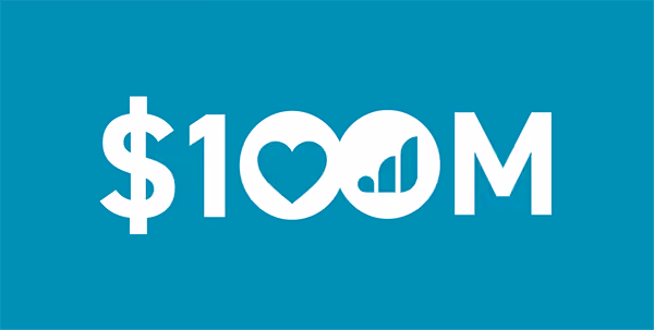 Logo featuring '$100M' with a heart in one zero and the Give Lively logo in the other zero