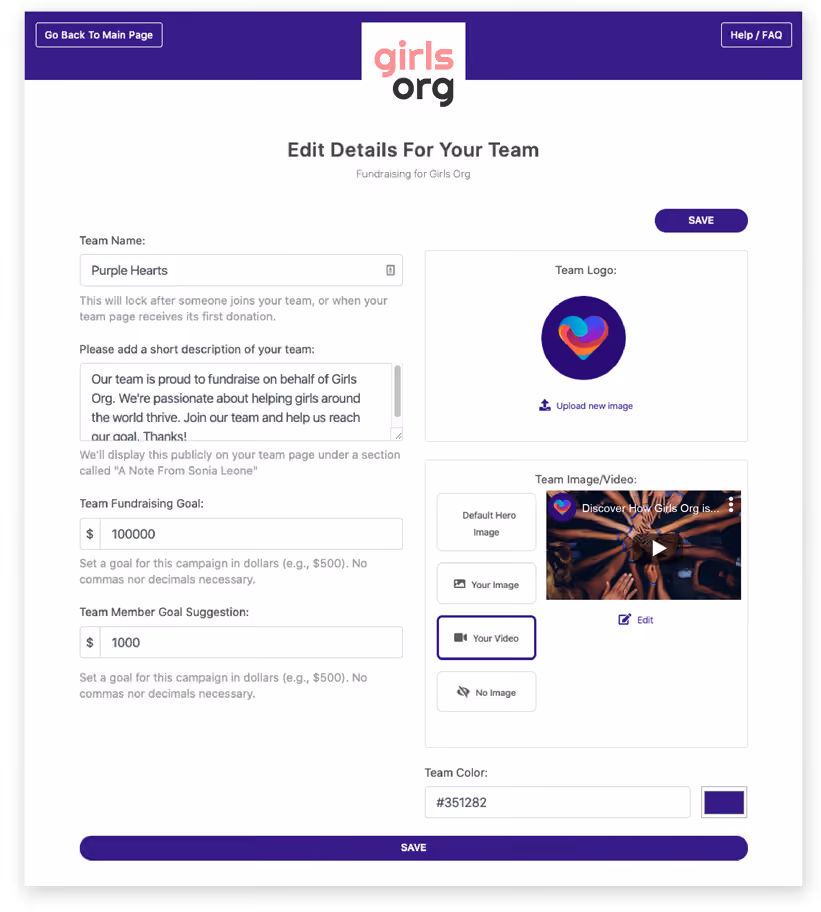 A screenshot of what a Team Leader sees when they edit their Team Page.