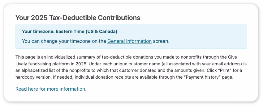 A screenshot of the "Your 2025 Tax-Deductible Contributions" page in the Give Lively User Portal showing explaining the page structure (see bullet 2 below) a note about setting the timezone (see bullet 3 below).