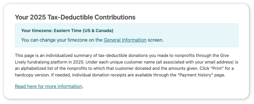 A screenshot of the "Your 2025 Tax-Deductible Contributions" page in the Give Lively User Portal showing explaining the page structure (see bullet 2 below) a note about setting the timezone (see bullet 3 below).