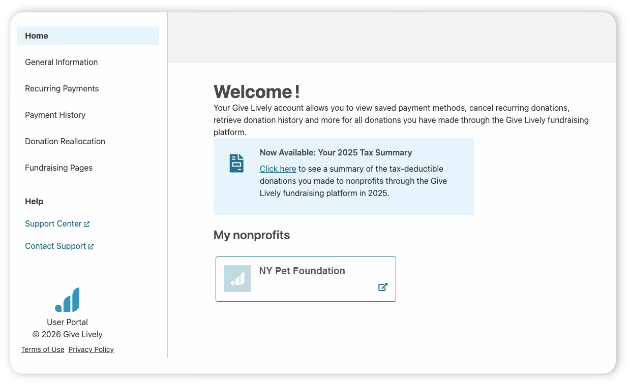 A screenshot of the main page of the Give Lively User Portal showing the "Now Available: Your 2024 Tax Summary" link.r e 