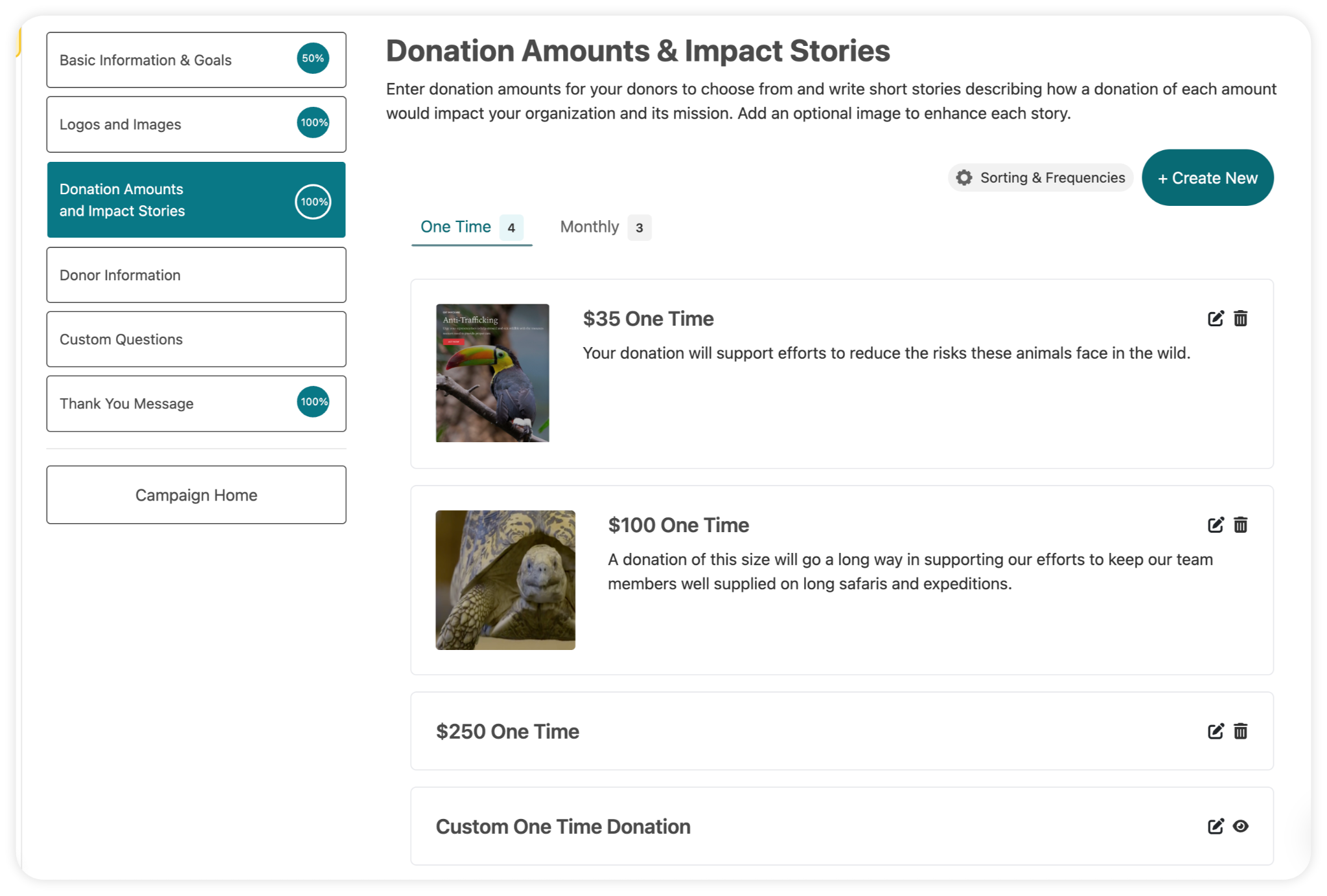 A screenshot of the Donation Amounts & Impact Stories section of the Core Profile page showing only the one time donation options, but with the tab for Monthly donations visible.